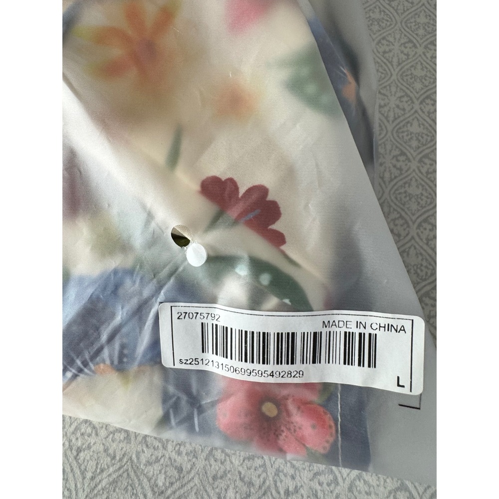 Tropical Parrot Floral Print V-Neck Balloon Sleeve Mini Dress Ivory Large - Picture 11 of 11